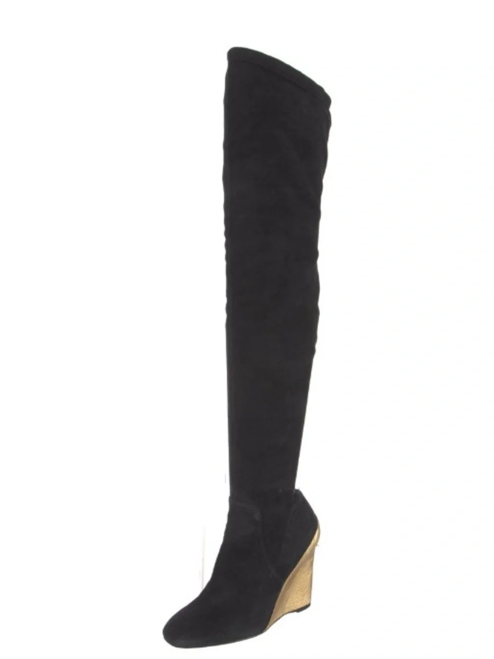 Louis Vuitton Black Over-the-Knee suede Wedge Boot with Gold Accent 38